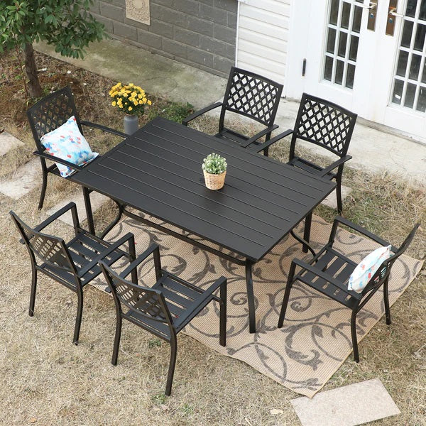 PHI VILLA 7-teiliges Terrassen-Ess-Set mit Rechteckigem Terrassentisch und 6 Stapelbaren Metallstühlen