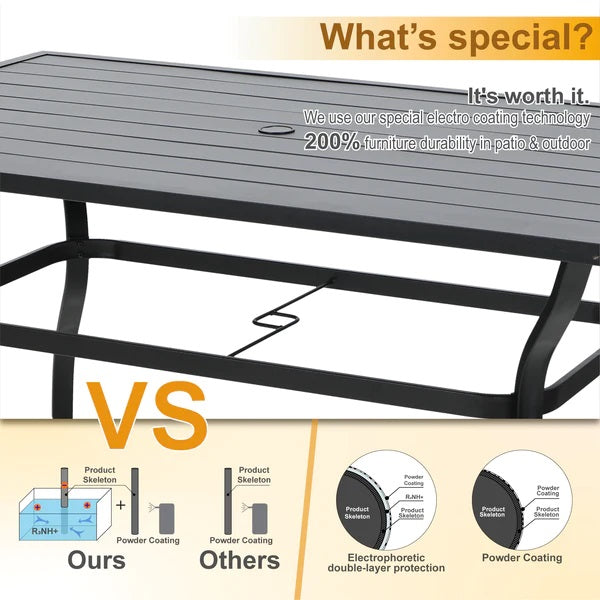 PHI VILLA 7-teiliges Terrassen-Ess-Set mit Rechteckigem Terrassentisch und 6 Stapelbaren Metallstühlen