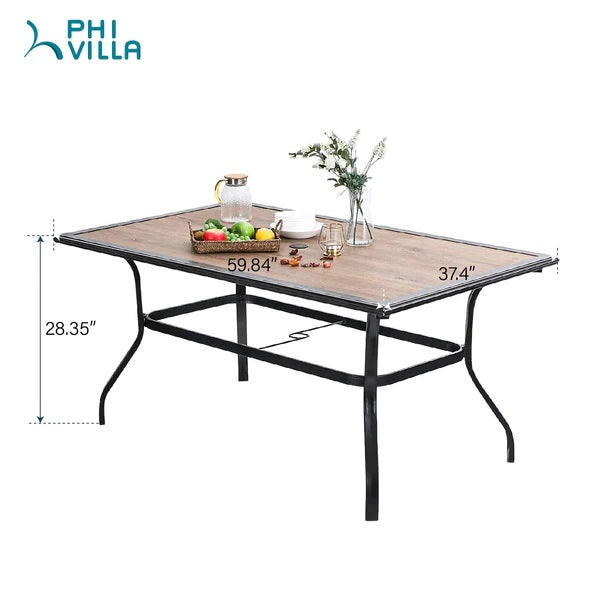 PHI VILLA 7-teiliges Terrassen-Ess-Set mit Tisch in Holzoptik und 6 Gepolsterten Stühlen aus Rattan
