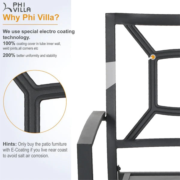 PHI VILLA 7-teiliges Terrassen-Ess-Set mit Rechteckigem Terrassentisch und 6 Stapelbaren Metallstühlen