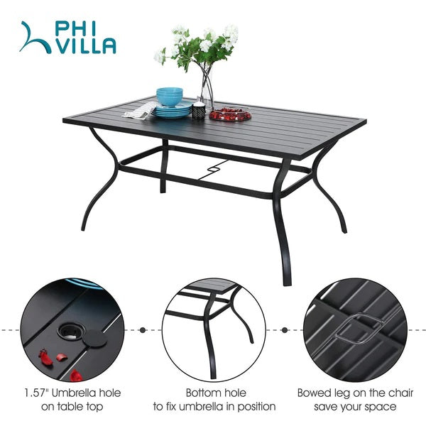 PHI VILLA 7-teiliges Terrassen-Ess-Set mit Rechteckigem Terrassentisch und 6 Stapelbaren Metallstühlen