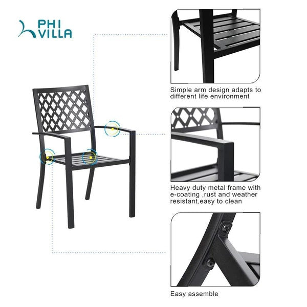 PHI VILLA 7-teiliges Terrassen-Ess-Set mit Rechteckigem Terrassentisch und 6 Stapelbaren Metallstühlen