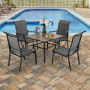 PHI VILLA 5-teiliges Outdoor-Ess-Set mit Quadratischem Tisch in Holzoptik und 4 Festen Stühlen aus Textilene