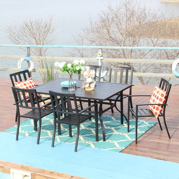 PHI VILLA 7-teiliges Terrassen-Ess-Set mit Rechteckigem Terrassentisch und 6 Stapelbaren Metallstühlen