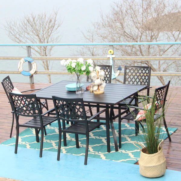 PHI VILLA 7-teiliges Terrassen-Ess-Set mit Rechteckigem Terrassentisch und 6 Stapelbaren Metallstühlen