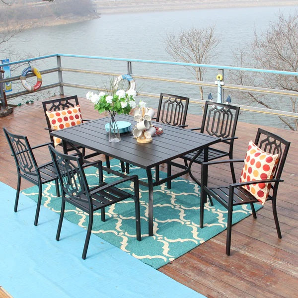 PHI VILLA 7-teiliges Terrassen-Ess-Set mit Rechteckigem Terrassentisch und 6 Stapelbaren Metallstühlen