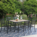 PHI VILLA 7-teilige Terrassen-Essgruppe mit Tisch in Holzoptik und 6 Stapelbaren Stühlen aus Metall und Stahl