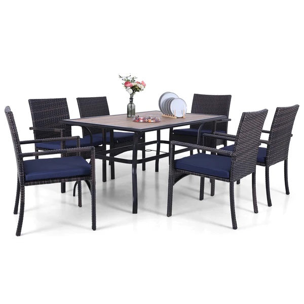 PHI VILLA 7-teiliges Terrassen-Ess-Set mit Tisch in Holzoptik und 6 Gepolsterten Stühlen aus Rattan