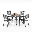 PHI VILLA 5-teiliges Terrassen-Ess-Set aus Metallstahl mit 1 Tisch in Holzoptik und 4 Stapelbaren Stühlen mit Muster
