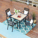 PHI VILLA 5-teiliges Terrassen-Ess-Set aus Metallstahl mit 1 Tisch in Holzoptik und 4 Stapelbaren Stühlen mit Muster