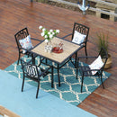 PHI VILLA 5-teiliges Terrassen-Ess-Set aus Metallstahl mit 1 Tisch in Holzoptik und 4 Stapelbaren Stühlen mit Muster